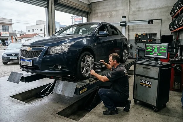Equipamento de alinhamento de rodas sendo utilizado em um veículo.