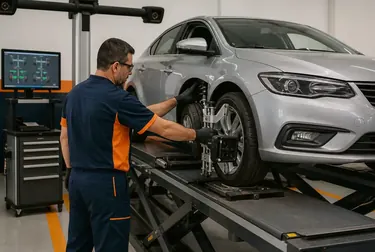 Profissional ajustando a geometria das rodas de um carro.