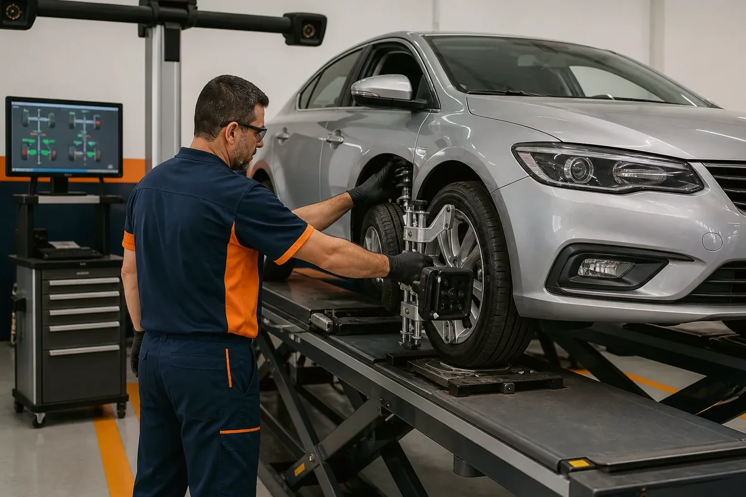 Profissional ajustando a geometria das rodas de um carro.