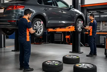 Profissional realizando o rodízio de pneus em um carro.
