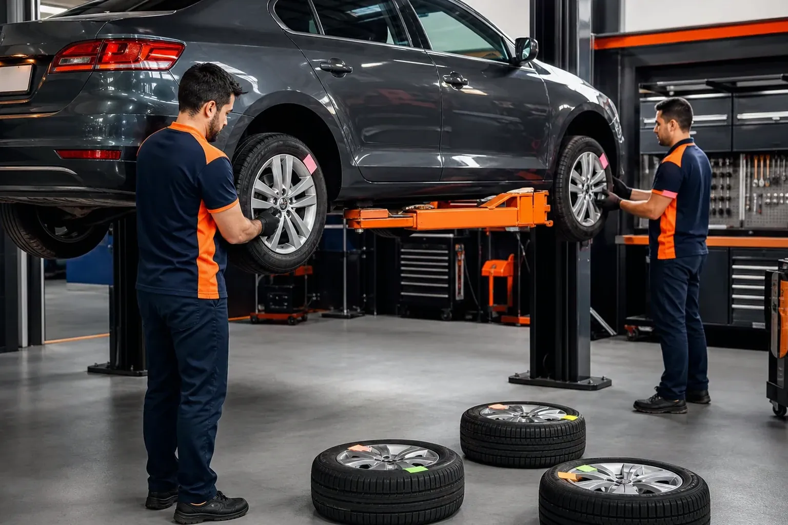 Profissional realizando o rodízio de pneus em um carro.