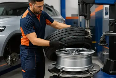 Técnico realizando a troca de pneus em um carro.