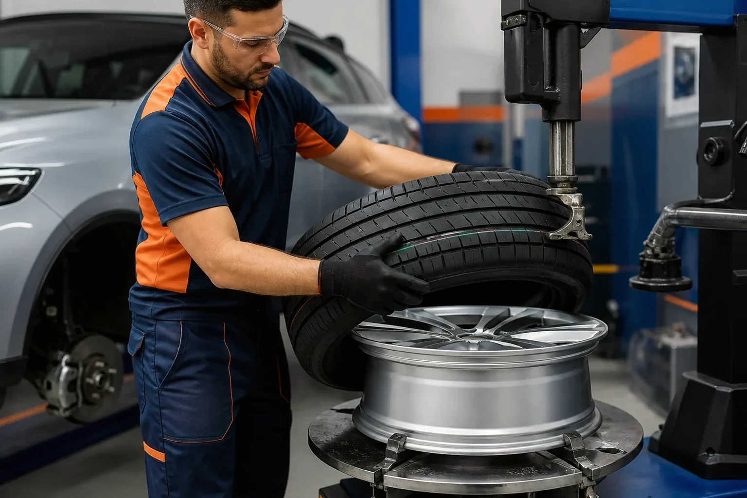 Técnico realizando a troca de pneus em um carro.