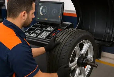Técnico realizando o balanceamento das rodas de um veículo.