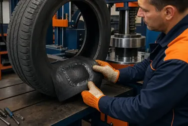 Técnico realizando vulcanização de um pneu em uma borracharia.