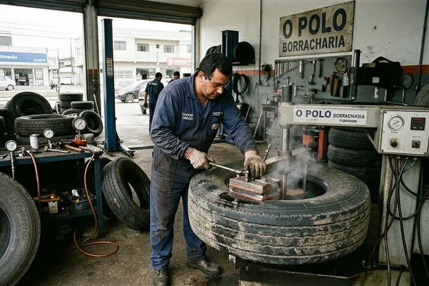 Técnico realizando vulcanização em pneu na borracharia.